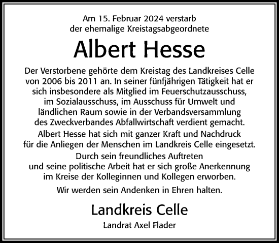 Traueranzeige von Albert Hesse von Cellesche Zeitung