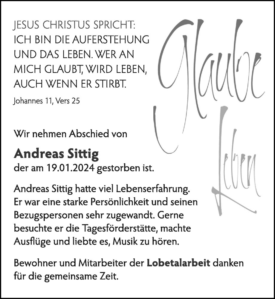  Traueranzeige für Andreas Sittig vom 10.02.2024 aus Cellesche Zeitung