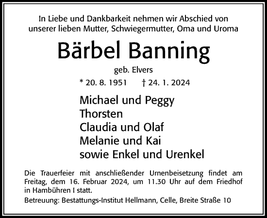 Traueranzeige von Bärbel Banning von Cellesche Zeitung