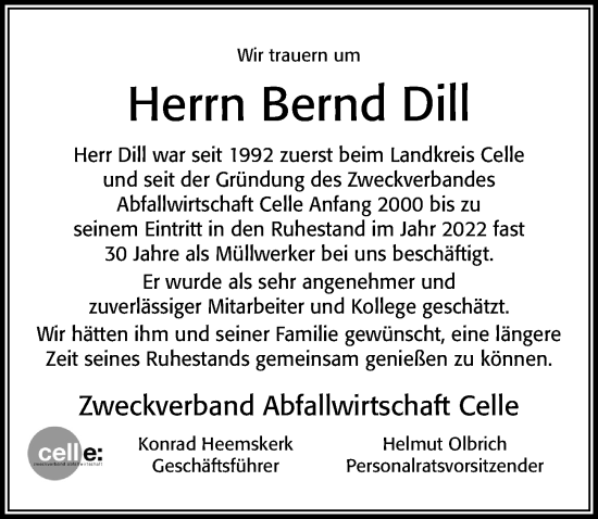 Traueranzeige von Bernd Dill von Cellesche Zeitung