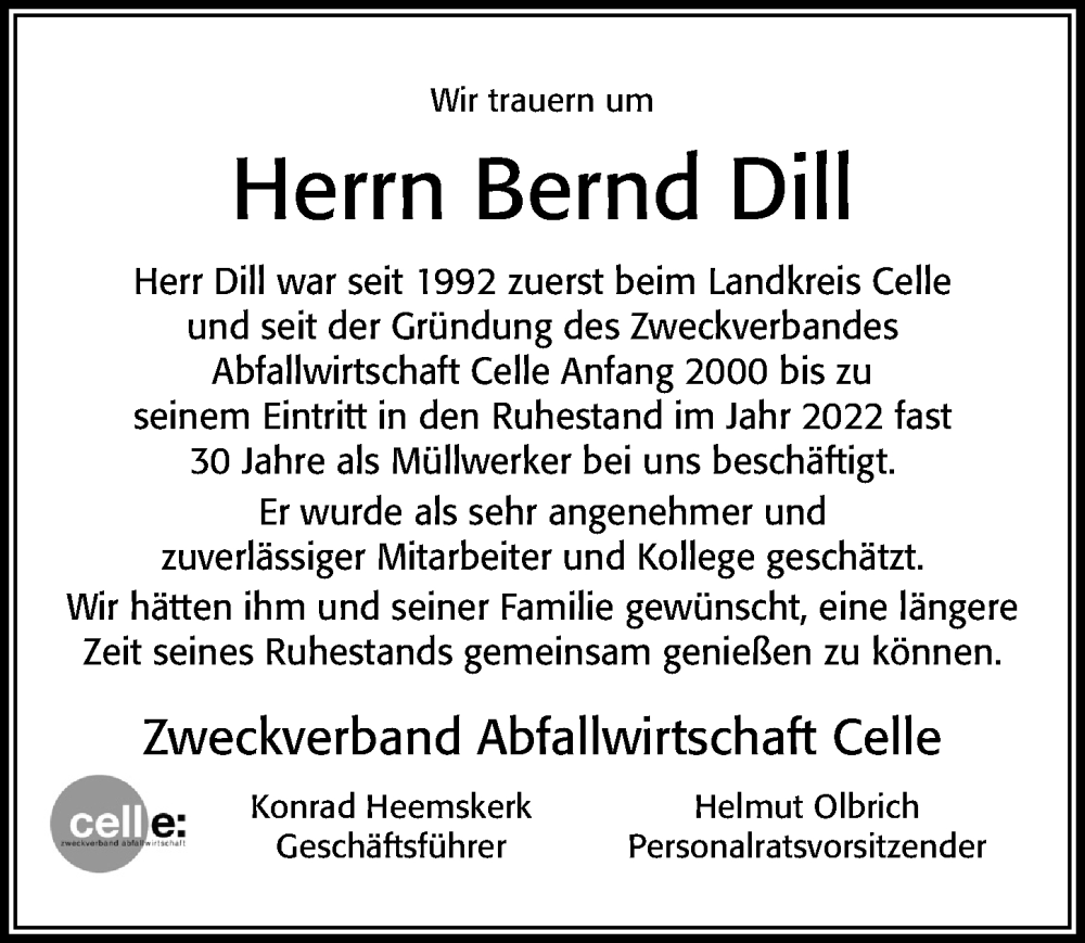  Traueranzeige für Bernd Dill vom 10.02.2024 aus Cellesche Zeitung