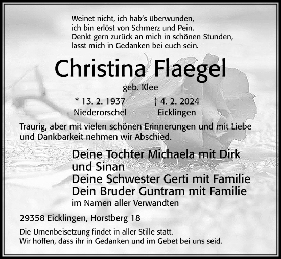 Traueranzeige von Christina Flaegel von Cellesche Zeitung