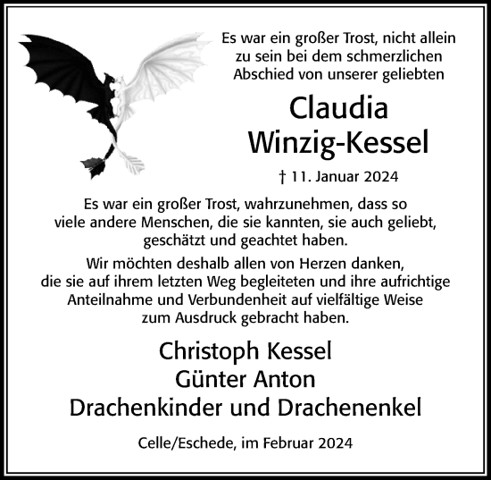 Traueranzeige von Claudia Winzig-Kessel von Cellesche Zeitung