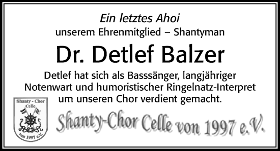 Traueranzeige von Detlef Balzer von Cellesche Zeitung
