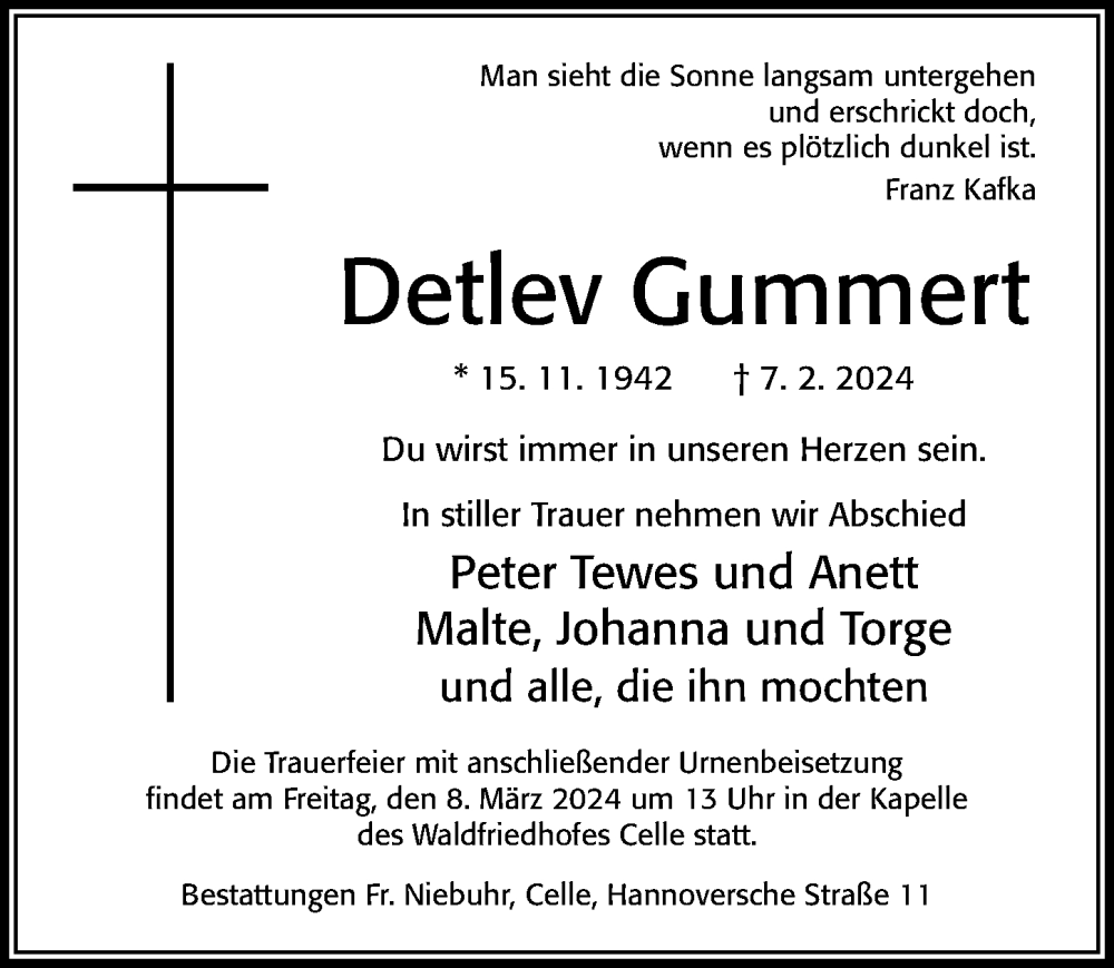  Traueranzeige für Detlev Gummert vom 24.02.2024 aus Cellesche Zeitung