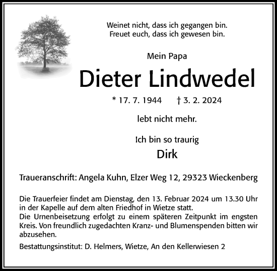 Traueranzeige von Dieter Lindwedel von Cellesche Zeitung