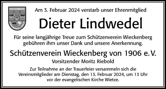 Traueranzeige von Dieter Lindwedel von Cellesche Zeitung