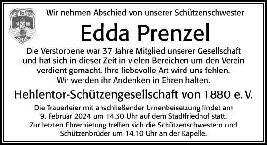 Traueranzeige von Edda Prenzel von Cellesche Zeitung