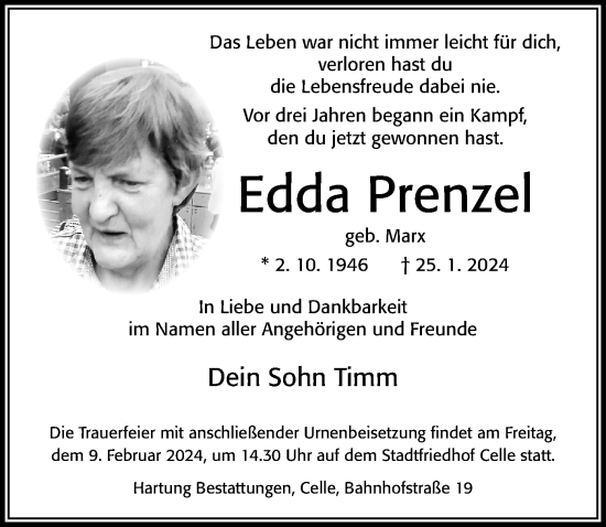 Traueranzeige von Edda Prenzel von Cellesche Zeitung