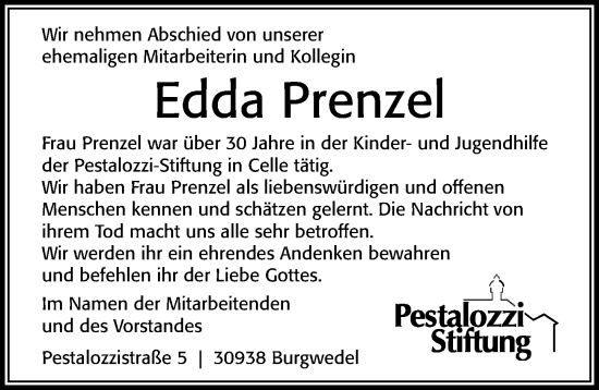 Traueranzeige von Edda Prenzel von Cellesche Zeitung