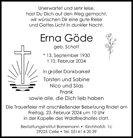 Traueranzeige von Erna Göde von Cellesche Zeitung