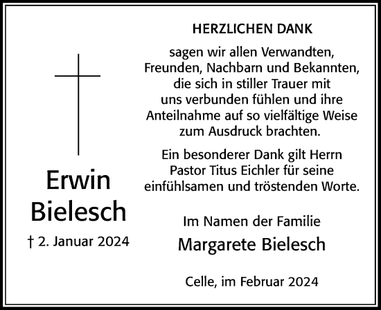 Traueranzeige von Erwin Bielesch von Cellesche Zeitung