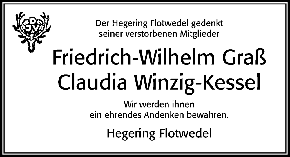 Traueranzeige für Friedrich-Wilhelm Graß vom 10.02.2024 aus Cellesche Zeitung