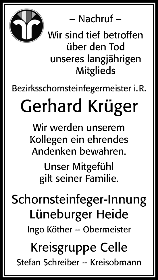 Traueranzeige von Gerhard Krüger von Cellesche Zeitung