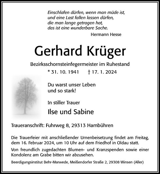 Traueranzeige von Gerhard Krüger von Cellesche Zeitung
