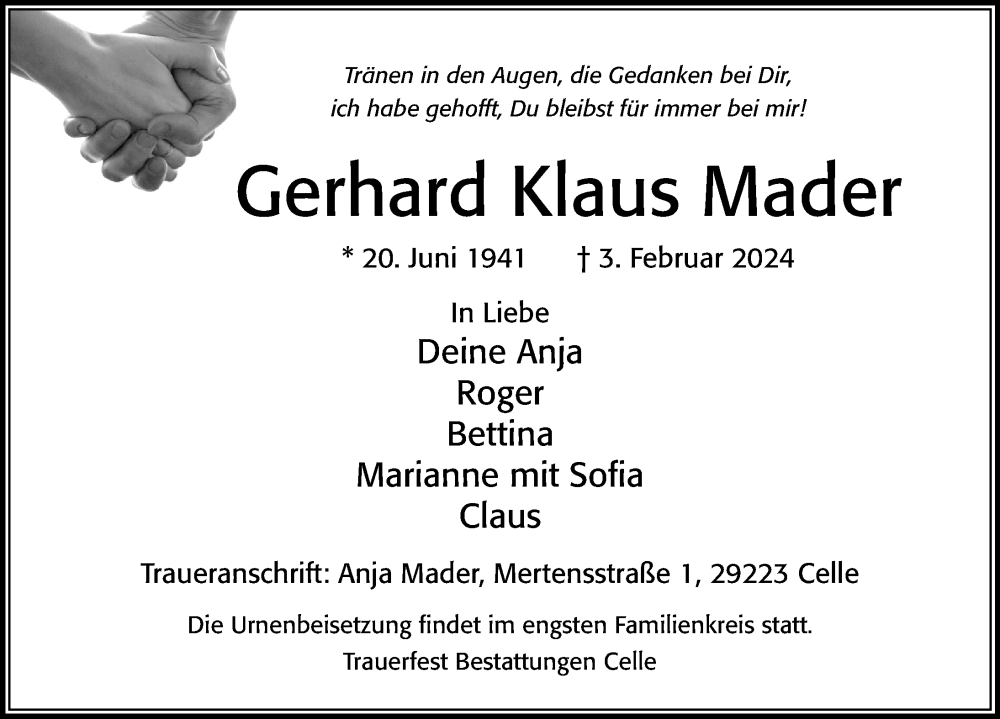  Traueranzeige für Gerhard Klaus Mader vom 10.02.2024 aus Cellesche Zeitung