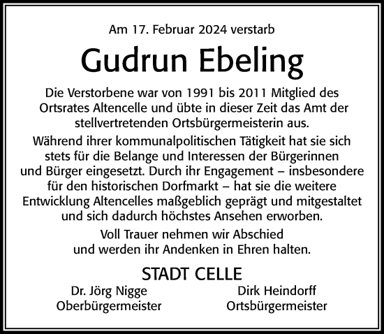 Traueranzeige von Gudrun Ebeling von Cellesche Zeitung