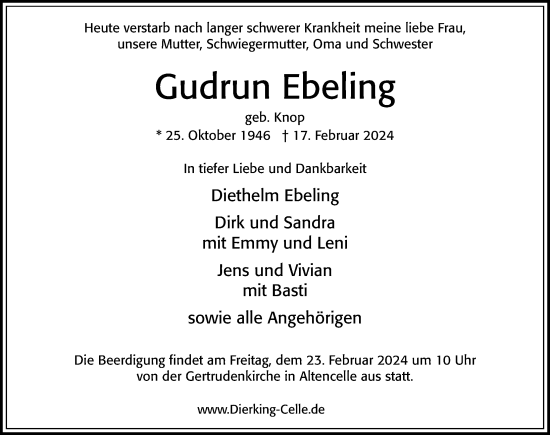 Traueranzeige von Gudrun Ebeling von Cellesche Zeitung