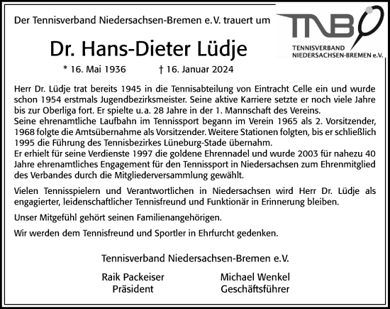 Traueranzeige von Hans-Dieter Lüdje von Cellesche Zeitung