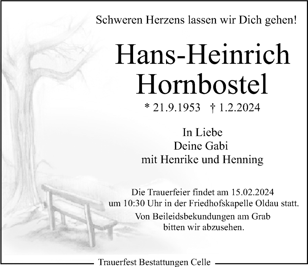  Traueranzeige für Hans-Heinrich Hornbostel vom 10.02.2024 aus Cellesche Zeitung