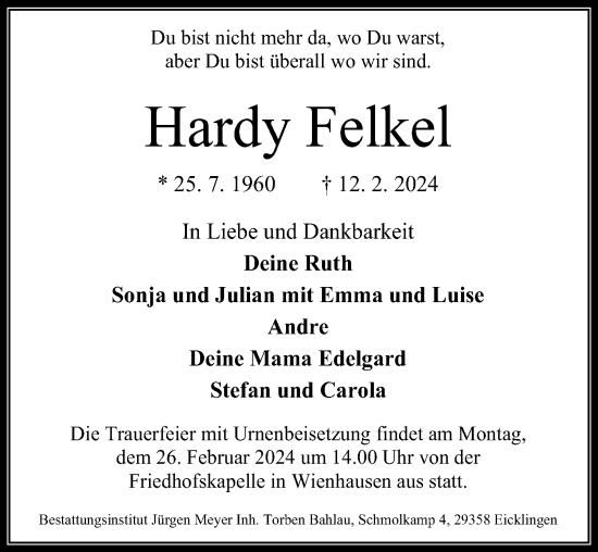 Traueranzeige von Hardy Felkel von Cellesche Zeitung