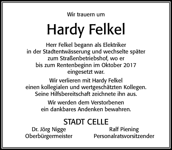 Traueranzeige von Hardy Felkel von Cellesche Zeitung