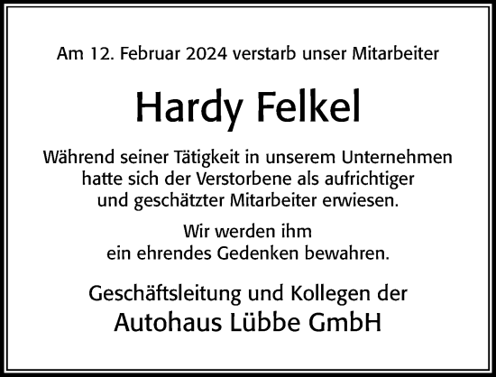 Traueranzeige von Hardy Felkel von Cellesche Zeitung