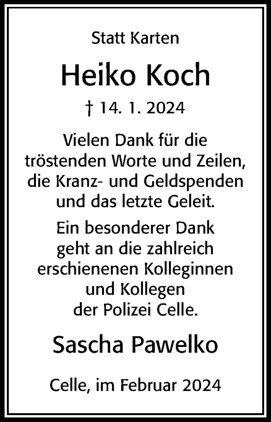 Traueranzeige von Heiko Koch von Cellesche Zeitung