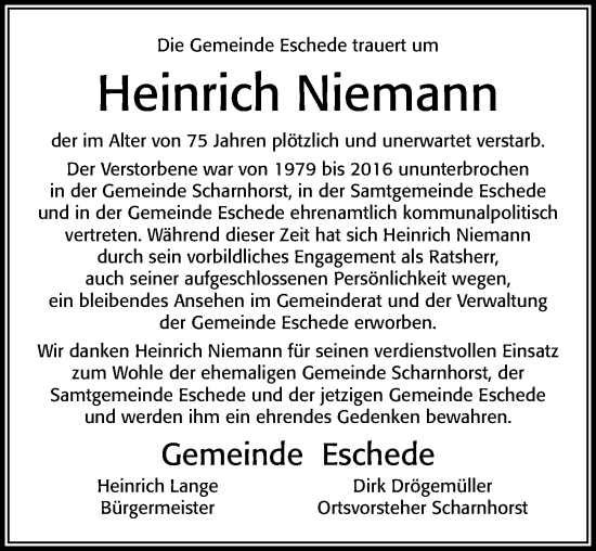 Traueranzeige von Heinrich Niemann von Cellesche Zeitung