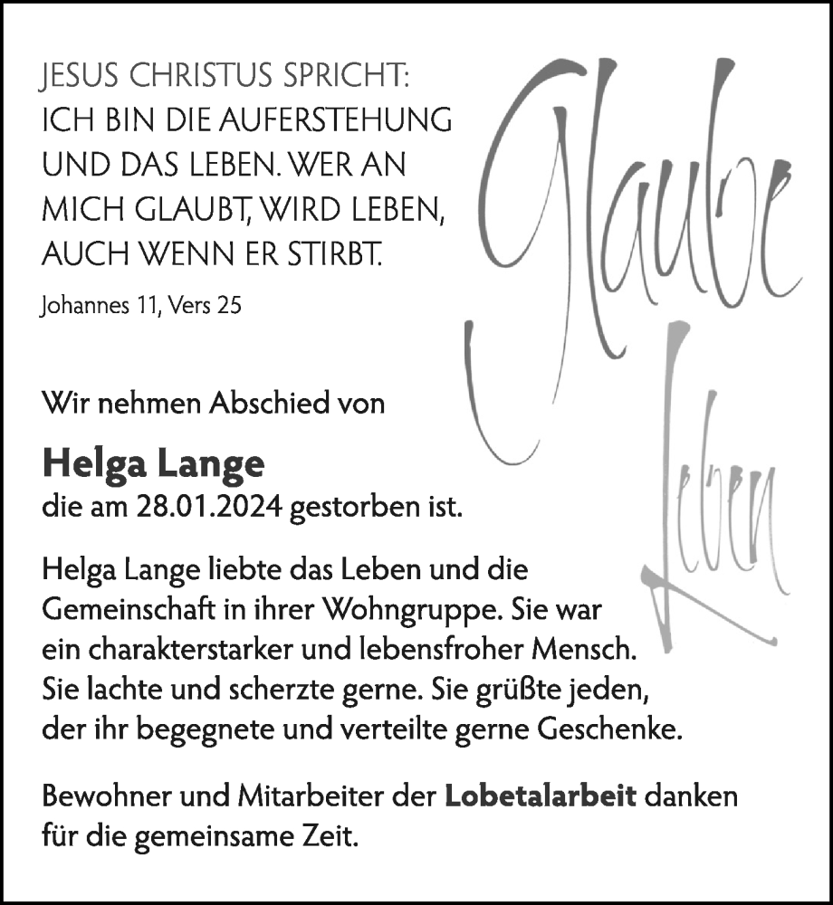  Traueranzeige für Helga Lange vom 10.02.2024 aus Cellesche Zeitung
