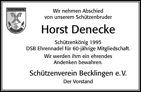 Traueranzeige von Horst Denecke von Cellesche Zeitung