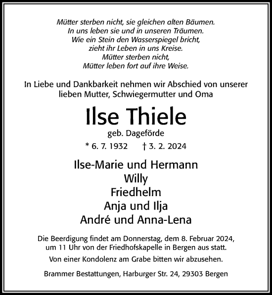 Traueranzeige von Ilse Thiele von Cellesche Zeitung