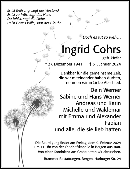 Traueranzeige von Ingrid Cohrs von Cellesche Zeitung