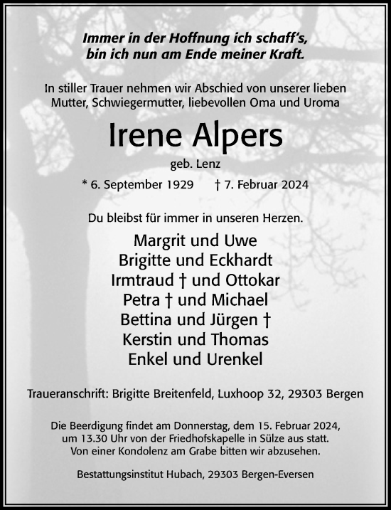 Traueranzeige von Irene Alpers von Cellesche Zeitung