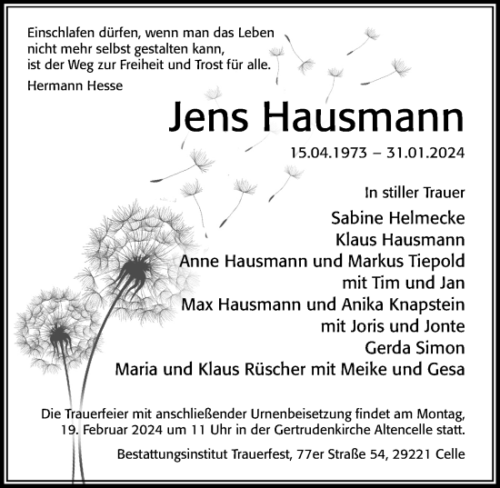Traueranzeige von Jens Hausmann von Cellesche Zeitung