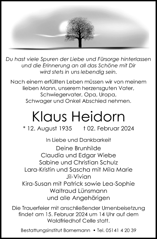 Traueranzeige von Klaus Heidorn von Cellesche Zeitung