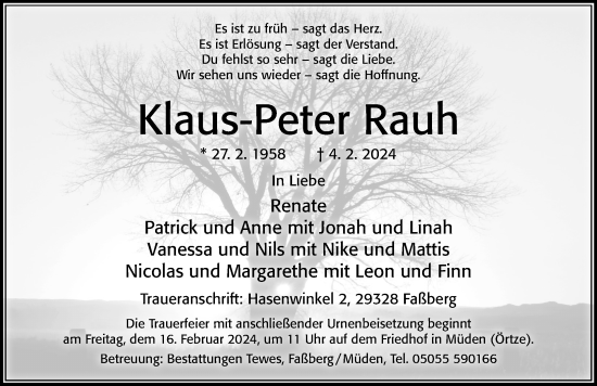 Traueranzeige von Klaus-Peter Rauh von Cellesche Zeitung