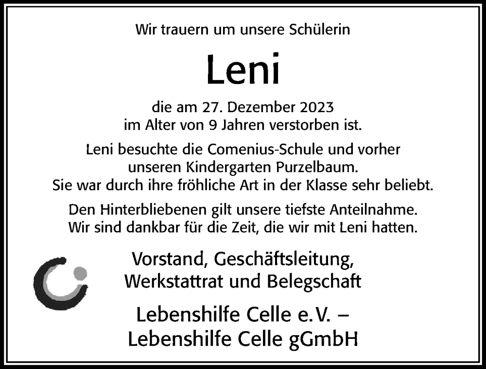  Traueranzeige für Leni  vom 10.02.2024 aus Cellesche Zeitung