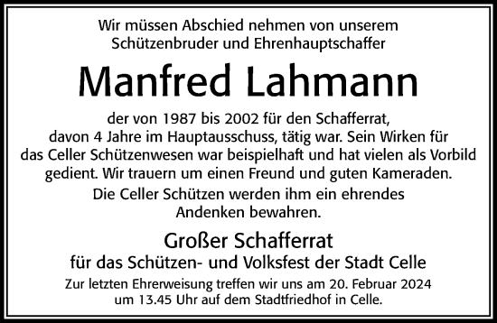 Traueranzeige von Manfred Lahmann von Cellesche Zeitung