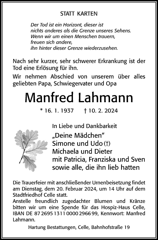 Traueranzeige von Manfred Lahmann von Cellesche Zeitung