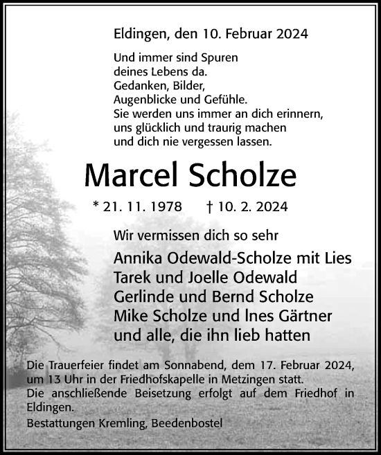 Traueranzeige von Marcel Scholze von Cellesche Zeitung