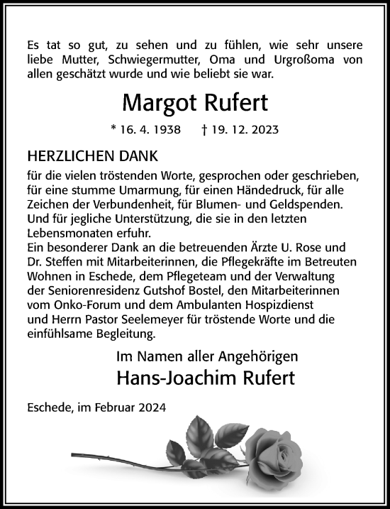 Traueranzeige von Margot Rufert von Cellesche Zeitung