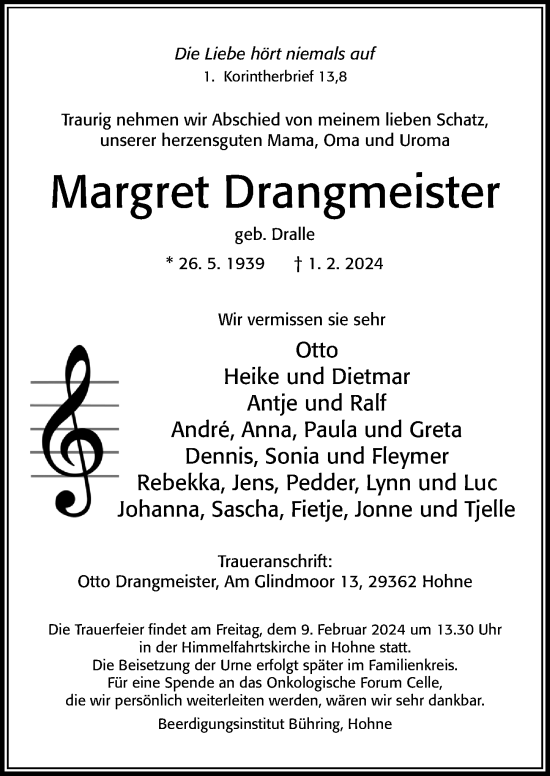 Traueranzeige von Margret Drangmeister von Cellesche Zeitung