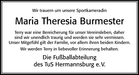 Traueranzeige von Maria Theresia Burmester von Cellesche Zeitung