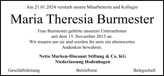 Traueranzeige von Maria Theresia Burmester von Cellesche Zeitung