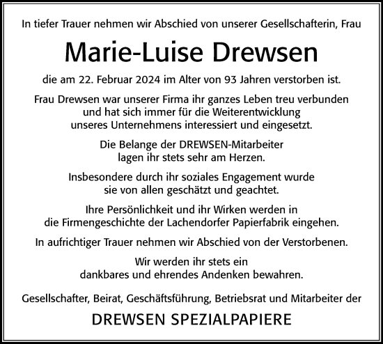Traueranzeige von Marie-Luise Drewsen von Cellesche Zeitung