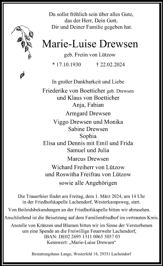 Traueranzeige von Marie-Luise Drewsen von Cellesche Zeitung