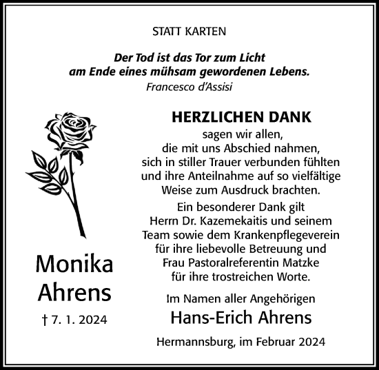 Traueranzeige von Monika Ahrens von Cellesche Zeitung