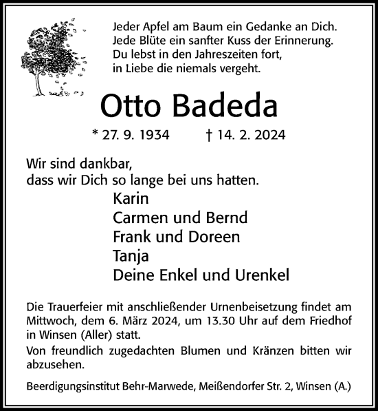 Traueranzeige von Otto Badeda von Cellesche Zeitung