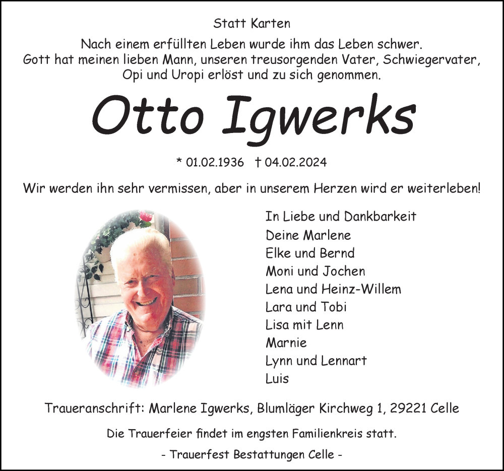  Traueranzeige für Otto Igwerks vom 10.02.2024 aus Cellesche Zeitung
